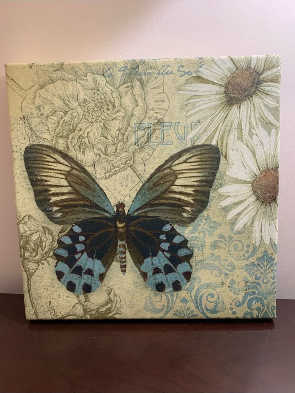 Blue Butterfly Floral Canvas Wall Art 12x12